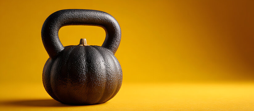 A kettlebell styled as a pumpkin symbolizes fitness and Halloween spirit, perfect for autumn-themed promotions or events with copy space.