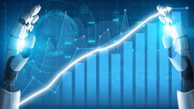 A visually striking image of robotic hands interacting with a digital growth chart, symbolizing advancements in technology and artificial intelligence in the business landscape. Copula