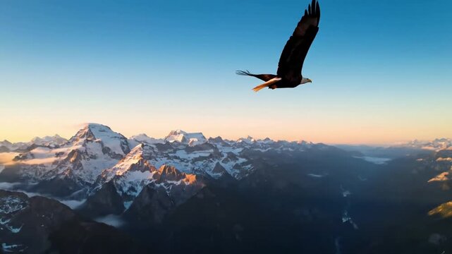 An eagle perched stoically on a high, weather beaten cliff overlooking a vast, untouched mountainous landscape, symbolizing solitude and dominion. Medium shot, emphasizing scale.