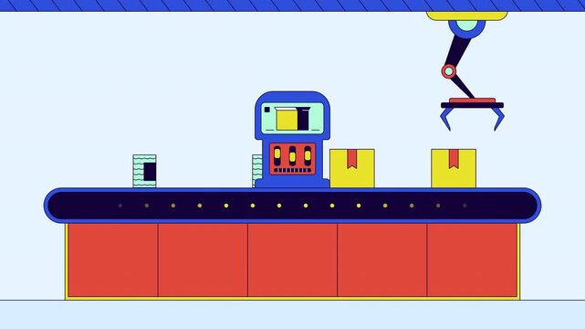 Factory conveyor belt with robotic arms and boxes production