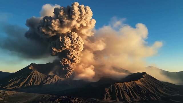 Close up views of fine volcanic ash settling on rugged, barren landscapes and ancient rock formations, illustrating the immediate environmental transformation.