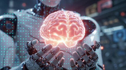 Humanoid robot holding glowing human brain model with connected neural network pattern. Concept of AI, machine learning and digital intelligence - Powered by Adobe