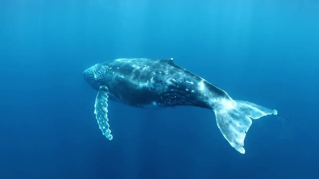An intricate underwater ecosystem with a pod of orcas navigating through vibrant coral reefs and teeming marine life, undisturbed by external elements.