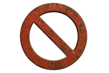 Rusty red metal prohibition sign on transparent background, symbolizing forbidden access, restriction, warning, or no entry