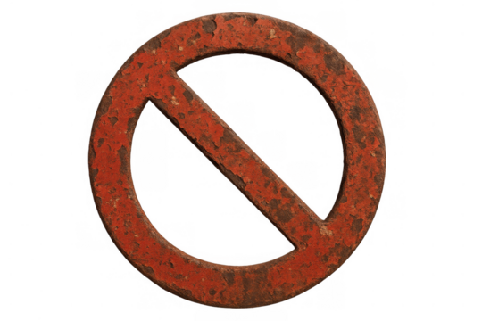 Rusty red metal prohibition sign on transparent background, symbolizing forbidden access, restriction, warning, or no entry
