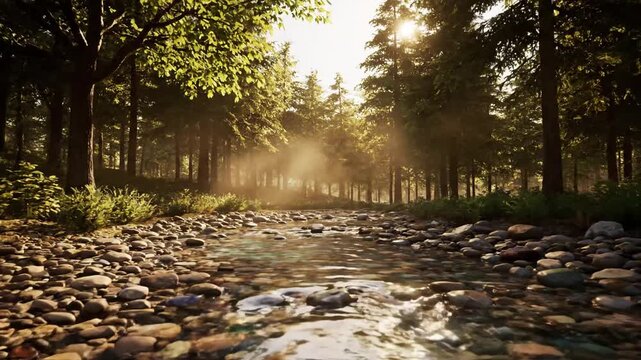 Captivating motion graphics depicting a lush, untouched natural landscape, free from any human intervention or structures. Wide shot, panning slowly across the entire animated forest scene.
