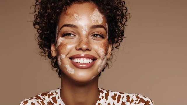Portrait of young woman with curly hair and visible vitiligo patches on face. Smiling woman with natural skin and pigmentation patterns against beige background