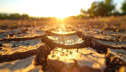 Cracked Dry Earth Landscape With Sun Rays Shining Through In Golden Hour Sunlight