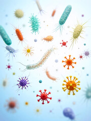 Colorful microscopic bacteria and viruses floating in blue background