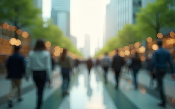 The concept of sustainability in business centers, crowds of business people walking at a corporate office in a green city downtown, abstract motion blur image with blurred background. High quality