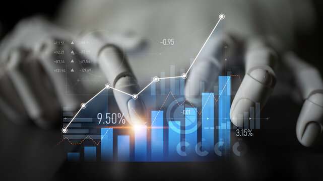 A robotic hand interacts with a digital financial chart depicting an upward trend alongside various statistics, symbolizing technology role in data analysis and finance. Scalp