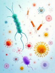 Colorful microscopic bacteria and viruses floating in blue background