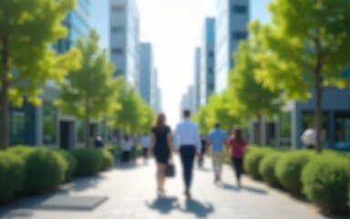 An abstract image of business people walking in a corporate office area located in a green city downtown. The blurred background highlights sustainable urban elements, including eco-friendly buildings