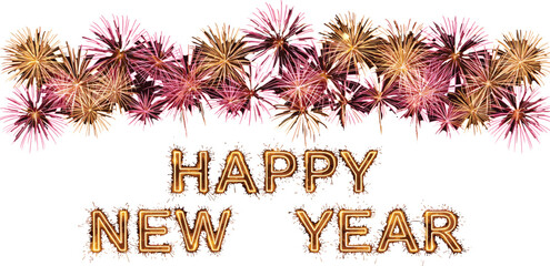 Happy new year fireworks vector, golden sparkles, festive celebration, glitter text design, holiday greeting, bold typography, flat illustration style
