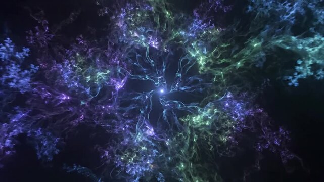 Hypnotic abstract video background featuring the subtle dance of animated natural elements, creating a serene yet sophisticated visual experience. Wide shot of a vast, animated abstract landscape?
