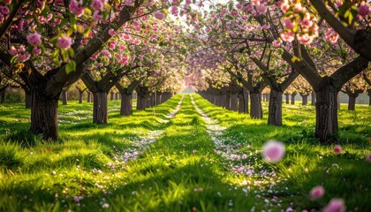 A Path Lined With Flowering Cherry Blossom Trees in Full Bloom With Pink Petals Falling Gently Onto The Green Grass Below During A Sunny Spring Day