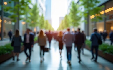 The concept of sustainability in business centers, crowds of business people walking at a corporate office in a green city downtown, abstract motion blur image with blurred background. High quality
