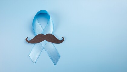 Blue ribbon with mustache on light blue background symbolizing men's health awareness