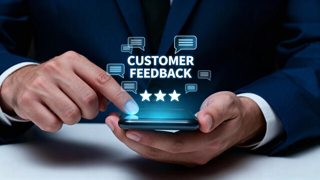 Customer Feedback Management Concept: Business Professional Interacting with Digital Feedback Interface on Mobile Device