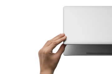 Hand closing a laptop isolated on transparent background