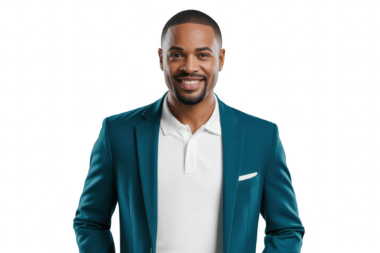 Smiling man in teal blazer and white polo shirt isolated on transparent background