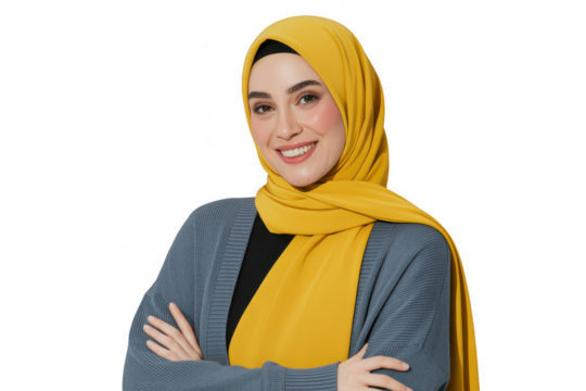 Young woman wearing a yellow hijab and a gray cardigan, smiling with arms crossed, isolated on transparent background - Powered by Adobe