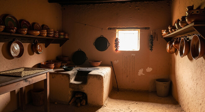 Old rural Mexican clay kitchen with blackened stove and handmade pottery  