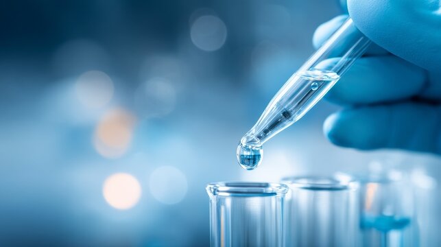 In a bright laboratory, a gloved hand skillfully holds a pipette, releasing a single droplet of clear liquid into a test tube