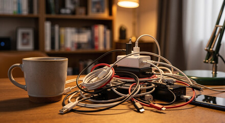 Mug beside tangled charger cables in a creative home setup  