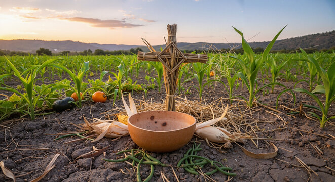 Milpa field corner with empty gourd bowl and corn stalk cross at sunset  