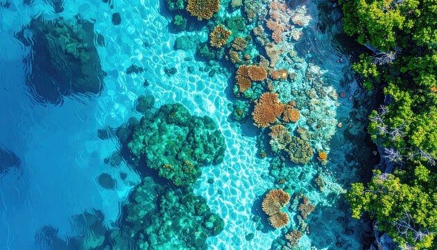 Aerial View Of Pristine Coral Reef In Crystal Clear Turquoise Water Next To Lush Green Tropical Forest Shoreline