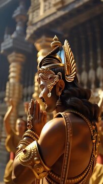 An ancient warrior stands proudly in a grand golden palace hall, adorned in shining armor and royal ornaments. Rays of divine light illuminate the marble floor and golden pillars, symbolizing valor, h
