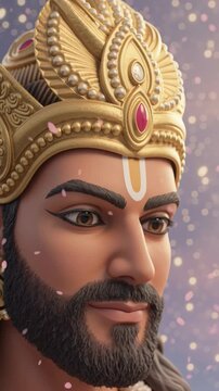 Arjuna listens intently to Lord Krishna before the great war, standing beside the divine chariot on the battlefield of Kurukshetra.