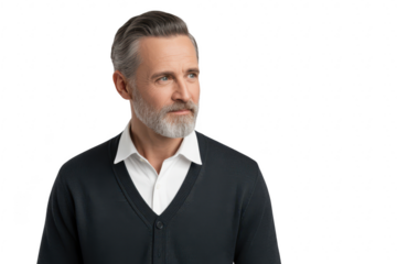 Mature man with graying hair and beard wearing a dark vneck sweater over a white shirt, looking to the side, isolated on transparent background