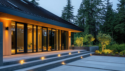 Modern home exterior with glass walls, sleek black roof, warm interior lighting, and elegant concrete steps surrounded by trees and landscaped garden, AI generated house design