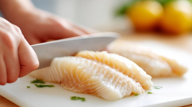 A talented chef focuses on slicing fresh fish fillets with precision on a clean white cutting board. The background is filled with vibrant lemons and herbs, creating a lively kitchen atmosphere