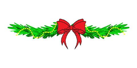 Christmas garland with pine branches, red bow, and golden beads. Festive horizontal border for banners, invitations, web, holiday cards, party, and winter decor.