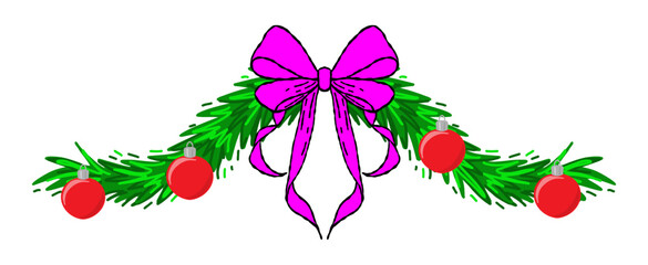 Christmas garland with pink bow and red baubles. Festive holiday border illustration for banners, invitations, web headers, cards, posters, and winter decor projects