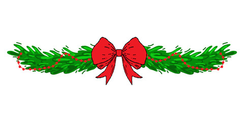 Christmas garland with pine branches, red bow, red beads. Festive horizontal border for banners, invitations, web, holiday cards, party, and winter decor.