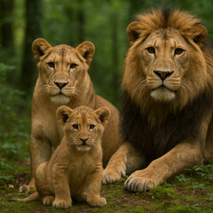 Fototapeta premium A family of lions, including a male lion, a lioness, and a cub, posing together in a forest.