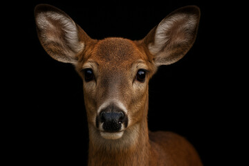 Fototapeta premium A close-up portrait of a white-tailed deer doe against a solid black background