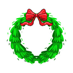 Christmas wreath vector with bright green pine branches and a large red bow. Festive round illustration for cards, invitations, banners, winter decor, holiday and New Year design.