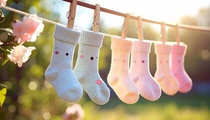 Gentle Pastels: Six baby socks, in a symphony of soft pastel hues, hang delicately on a clothesline in a sun-drenched garden, evoking a sense of innocence and warmth.