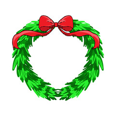 Christmas wreath vector with bright green pine branches and a large red bow. Festive round illustration for cards, invitations, banners, winter decor, holiday and New Year design.