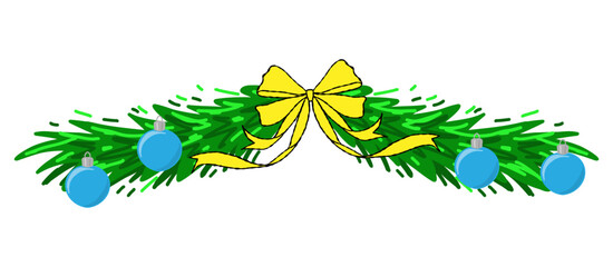 Christmas garland with pine branches, yellow ribbon bow, and blue baubles. Festive horizontal border for banners, cards, invitations, headers, web, winter and holiday design