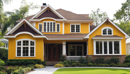 Bright yellow two-story suburban house with brown roof, white trim, large arched windows, front porch, and lush green lawn surrounded by landscaped garden, AI generated
