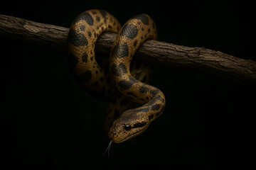 Fototapeta premium A Yellow Anaconda snake coiled on a tree branch against a solid black background