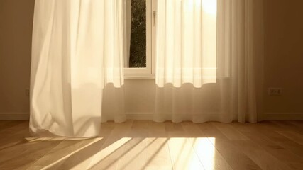 Bright Sunlight Streaming Through Sheer White Curtains Onto Wooden Floor in Empty Room - Powered by Adobe