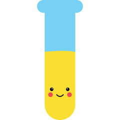 Cute cartoon test tube with yellow liquid and blue top filled with happy face cheeks rosy blush and blue rounded cap on transparent background