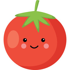 Cute Cartoon Tomato Character with Green Stem and Leaves Smiling with Rosy Cheeks on a Transparent Background